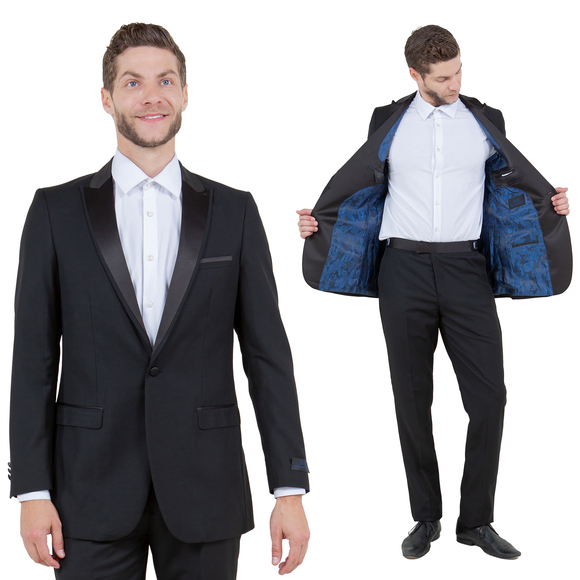 Slim Fit 2pc Tuxedo w/ Satin Peak Lapel by Bryan Michaels, Black - Picture 1 of 4